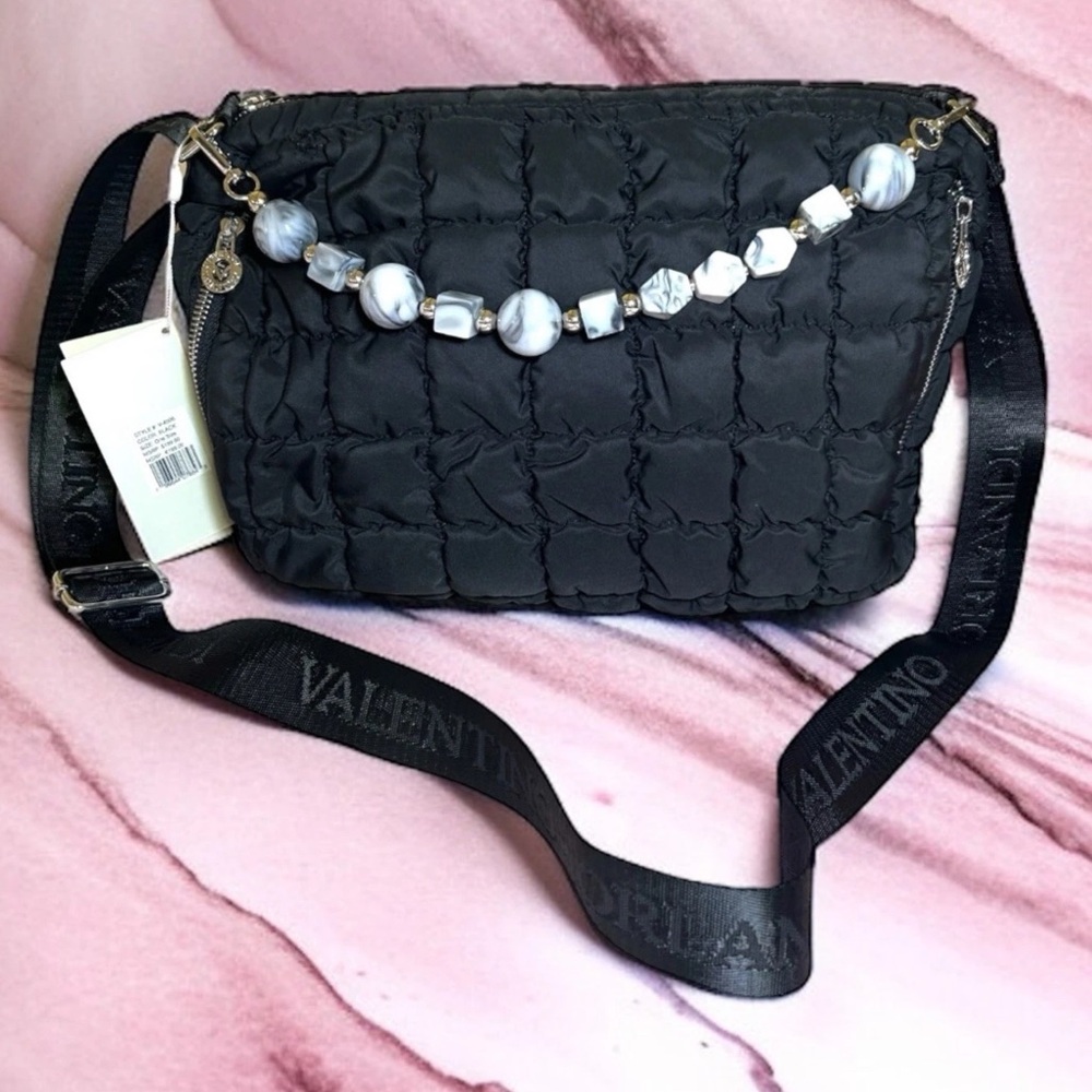 Valentino Quilted Tote w Bag Charm Medium IPad Durable Nylon Logo Strap NWT
